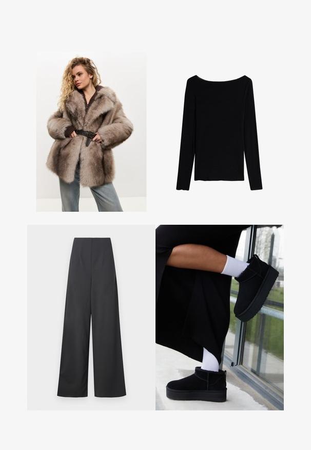 Cesare Gaspari Zimní kabát - brown; Intimissimi U-BOOT-AUSSCHNITT - Top s dlouhým rukávem - black; Vysoké široké kalhoty v tmavě šedé tkanině s hladkou texturou. Nemají viditelné kapsy ani ozdoby.; Černé semišové kotníkové boty s plochou podešví, s zadním poutkem, nošené s bílými kotníkovými ponožkami na minimalistickém pozadí.