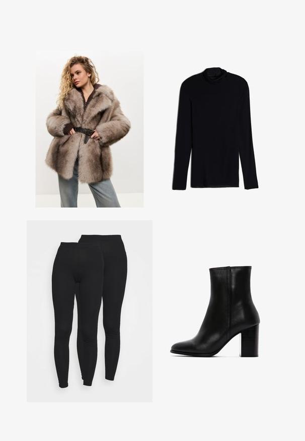 Cesare Gaspari Wintermantel - brown; Schwarzes Langarmoberteil mit einem Kragen, gefertigt aus einem weichen, glatten Stoff; taillierte Passform mit geradem Saum und ohne sichtbare Nähte.; Schwarze Leggings mit einem elastischen Taillenbund, hergestellt aus einem glatten, dehnbaren Stoff. Sie weisen ein enganliegendes Design auf, das sich zu den Knöcheln hin verjüngt.; Schwarze Leder Stiefelette mit spitzer Zehenpartie und klobigem quadratischen Absatz. Hat eine glatte Oberfläche und minimale Nähte.