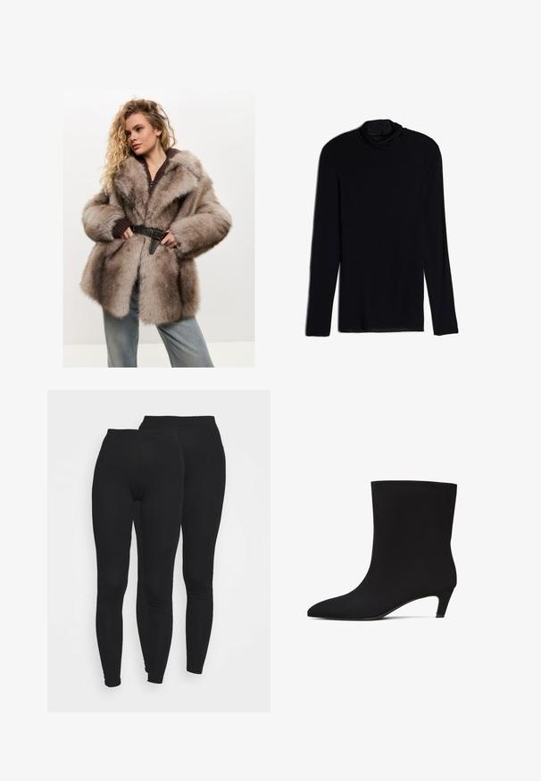 Cesare Gaspari Abrigo de invierno - brown; Top negro de manga larga con cuello tipo cowl, hecho de una tela suave y lisa; diseño ajustado con dobladillo recto y sin costuras visibles.; Leggings negros con una banda elástica en la cintura, hechos de una tela suave y elástica. Presentan un diseño ajustado que se estrecha en los tobillos.; Botín negro hasta el tobillo con una textura suave y elegante, punta afilada y un tacón de kitten bajo. Diseño sin costuras, sin hardware o patrones visibles.