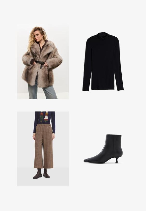 Cesare Gaspari Vinterfrakke - brown; Sort langærmet top med en cowl-hals, lavet af et blødt, glat stof; tætsiddende design med lige kant og uden synlige sømme.; Brune og tan ternede bukser med vide ben og elastisk talje, parret med mørke læder ankelstøvler.; ALDO EMMALIE - Støvletter - black