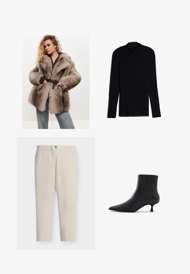 Cesare Gaspari Vinterkappa /-rock - brown; Svart långärmad topp med draperad halsringning, tillverkad av ett mjukt och glatt material; figursydd design med rak fåll och inga synliga sömmar.; Anna Field ADAPTIVE CULOTTE - Wide leg - whitecap gray; ALDO EMMALIE - Stövletter - black