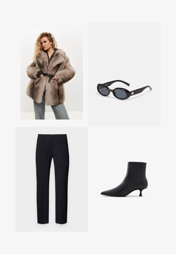 Cesare Gaspari Wintermantel - brown; Schwarzes Langarmoberteil mit einem Kragen, gefertigt aus einem weichen, glatten Stoff; taillierte Passform mit geradem Saum und ohne sichtbare Nähte.; Schwarze, maßgeschneiderte Hosen mit schmaler Passform, die eine glatte Textur und ein flaches Vorderdesign aufweisen. Keine sichtbaren Taschen oder Hardware-Details.; ALDO EMMALIE - Stiefelette - black; Schwarze ovale Sonnenbrillen mit dunklen Gläsern, glänzendem Kunststoffrahmen, breiten Bügeln und einem kleinen goldenen Akzent auf einer Seite.; Schwarze Einkaufstasche aus strukturiertem Material, mit zwei langen Tragegriffen und einem einfachen, minimalistischen Design ohne sichtbare Beschläge.