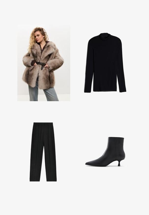 Cesare Gaspari Vinterkappa /-rock - brown; Svart långärmad topp med draperad halsringning, tillverkad av ett mjukt och glatt material; figursydd design med rak fåll och inga synliga sömmar.; Svarta byxor med hög midja och rak passform, med veck och sidofickor, tillverkade av ett lätt material.; ALDO EMMALIE - Stövletter - black