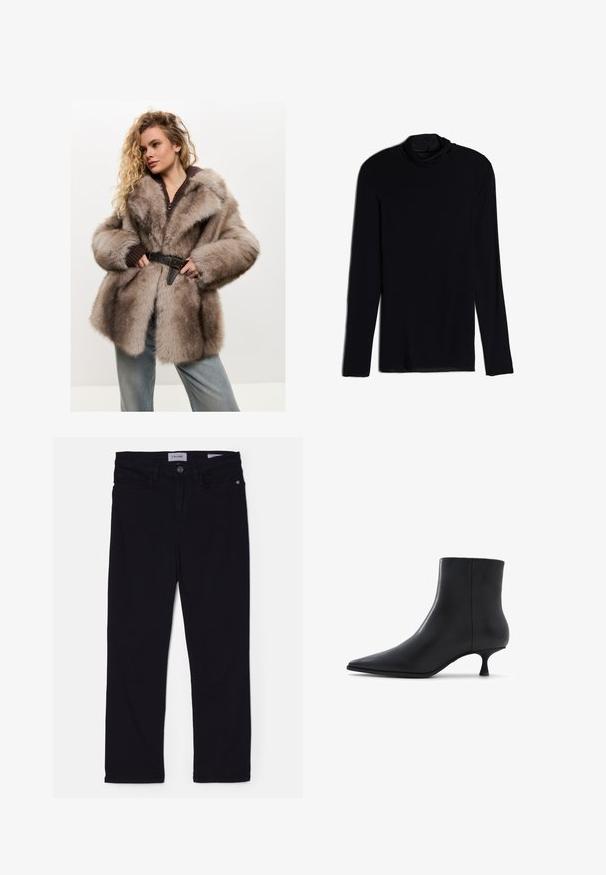 Cesare Gaspari Wintermantel - brown; Schwarzes Langarmoberteil mit einem Kragen, gefertigt aus einem weichen, glatten Stoff; taillierte Passform mit geradem Saum und ohne sichtbare Nähte.; Schwarze Jeans aus Denim im Slim-Fit, mit einem Frontknopfverschluss, Gürtelschlaufen und Vordertaschen. Weiches Material mit glatter Textur.; ALDO EMMALIE - Stiefelette - black