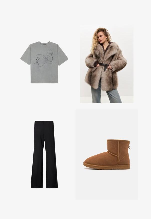 Cesare Gaspari - Płaszcz zimowy; Szara bawełniana koszulka z krótkim rękawem, z minimalistyczną czarną grafiką dwóch twarzy z przodu, okrągłym dekoltem i luźnym krojem.; Czarne spodnie dzwonowe z elastycznym paskiem w talii, wykonane z miękkiego, elastycznego materiału, charakteryzujące się gładką teksturą i brakiem widocznych wzorów czy elementów metalowych.; Brązowy zamszowy botek za kostkę z okrągłym noskiem, elastyczną gumową podeszwą i wzmocnieniem szwów. Zawiera pętelkę z tyłu.