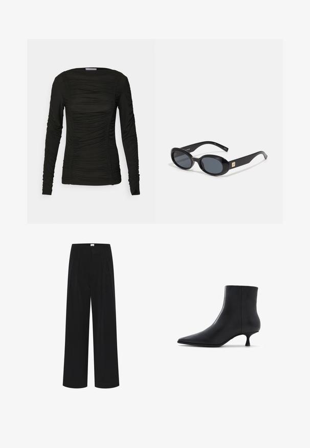 Cesare Gaspari Winter coat - brown; Black long-sleeve top made of soft material with gathering details along the front and sleeves, featuring a rounded neckline and fitted design.; Black wide-leg trousers featuring a high waist, pleats, and a smooth texture. Minimalistic design with no visible patterns or hardware.; ALDO EMMALIE - Classic ankle boots - black; Black oval sunglasses with dark lenses, glossy plastic frame, wide arms, and a small gold accent on one side.