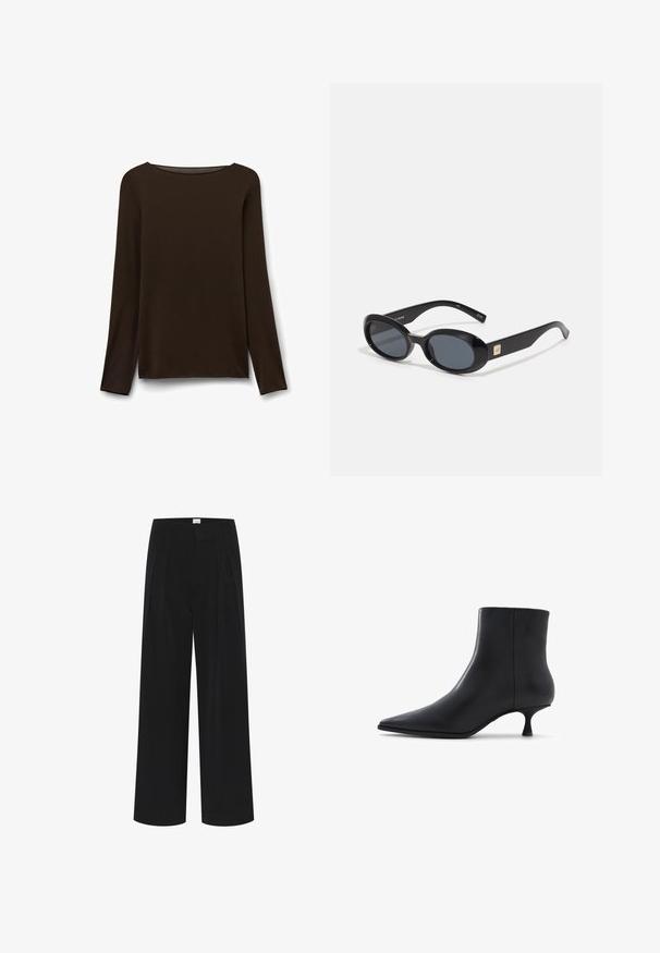 Cesare Gaspari Zimní kabát - brown; Halenka s dlouhým rukávem a lodním výstřihem v tmavě hnědé barvě, vyrobená z měkké látky s hladkou strukturou a volným střihem, s rovnými lemy.; Černé široké kalhoty s vysokým pasem, záhyby a hladkou texturou. Minimalistický design bez viditelných vzorů nebo kovových prvků.; ALDO EMMALIE - Kotníkové boty - black; Černé oválné sluneční brýle s tmavými skly, lesklým plastovým rámem, širokými stranami a malým zlatým detailem na jedné straně.
