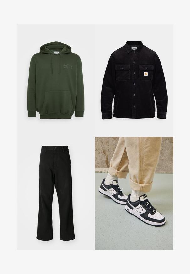 Černá kordová bunda se dvěma náprsními kapsami s klopami, knoflíkovým zapínáním a nášivkou na levé kapse. Texturovaná látka.; Olivově zelená mikina s kapucí, přední kapsou a raženým logem na hrudi. Vyrobena z měkké, texturované tkaniny.; Černé rovné džínsy s knoflíkovým zapínáním, poutky na opasek a předními kapsami na bílém pozadí.; Černobílé tenisky Nike Air Force 1 s koženým svrškem, perforovanou špicí a texturovanou podrážkou, nošené s ohrnutými béžovými kalhotami a bílými ponožkami.