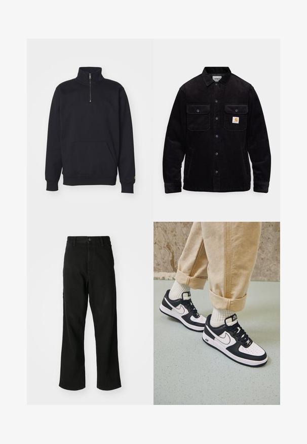 Fekete kordbársony dzseki, két mellzsebbel, hajtókával, gombos záródással és logóval a bal zsebben. Texturált anyag.; Fekete bolyhos, negyed-zip pulóver magas gallérral, bordás mandzsettákkal, kenguruzsebbel és egy kis arany logóval a hónalján.; Fekete, egyenes szárú farmernadrág gombbal, övhurkokkal és elülső zsebekkel, sima fehér háttér előtt.; Fekete-fehér Nike Air Force 1 sportcipők, bőrből készült felső résszel, perforált orral és texturált talprészes részlettel, bézs nadrágba felgöngyölítve és fehér zoknival viselve.