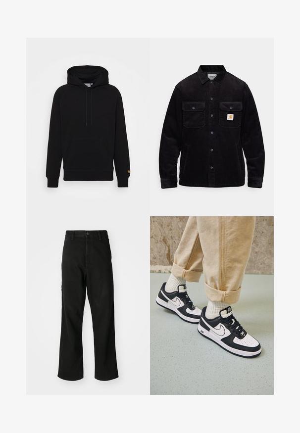 Mustat corduroy-takit, joissa on kaksi rintataskua läpillä, nappikiinnitys ja logopatch vasemmassa taskussa. Tekstuuroitu kangas.; Musta huppari, jossa on raglan-hihat, etutasku ja säädettävä nauha. Vasemmassa hihassa on kultainen emblem.; Mustat suoralahkeiset farkut, joissa on nappisuljenta, vyölenkit ja etutaskut valkoisella taustalla.; Mustat ja valkoiset Nike Air Force 1 -tennarit, joissa on nahkavarsi, rei'itetty varvas ja teksturoitu pohja, käytetty vaaleanbeigejen käännettyjen housujen ja valkoisten sukkien kanssa.