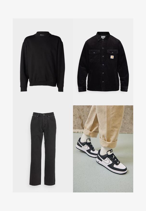 Giacca in corduroy nera con due tasche sul petto con pattina, chiusura a bottoni e toppa con logo sulla tasca sinistra. Tessuto strutturato.; Felpa nera con colletto alto a costine, maniche lunghe e vestibilità rilassata. Texture morbida con polsini e orlo a costine.; Jeans in denim nero con design a gamba dritta, dotati di chiusura frontale con bottone, passanti per cintura e due tasche laterali. Tessuto testurizzato.; Sneakers Nike Air Force 1 nero e bianco con tomaia in pelle, punta perforata e dettaglio della suola testurizzata, indossati con pantaloni beige arrotolati e calze bianche.