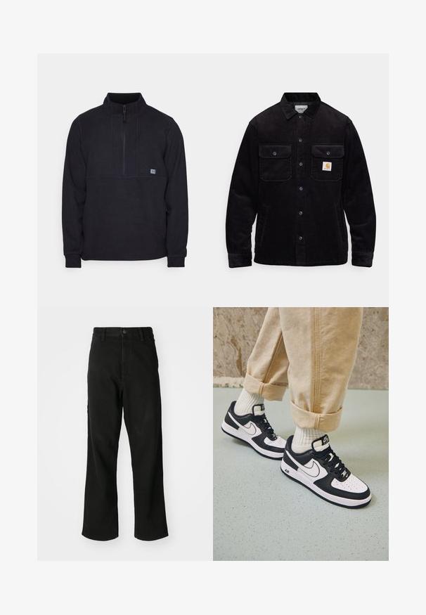 Mustat corduroy-takit, joissa on kaksi rintataskua läpillä, nappikiinnitys ja logopatch vasemmassa taskussa. Tekstuuroitu kangas.; Musta fleece-yläosa, jossa on puolivälineen vetoketju, rintasauma ja pieni logo vasemmalla puolella. Pehmeä rakenne, pitkät hihat.; Mustat suoralahkeiset farkut, joissa on nappisuljenta, vyölenkit ja etutaskut valkoisella taustalla.; Mustat ja valkoiset Nike Air Force 1 -tennarit, joissa on nahkavarsi, rei'itetty varvas ja teksturoitu pohja, käytetty vaaleanbeigejen käännettyjen housujen ja valkoisten sukkien kanssa.