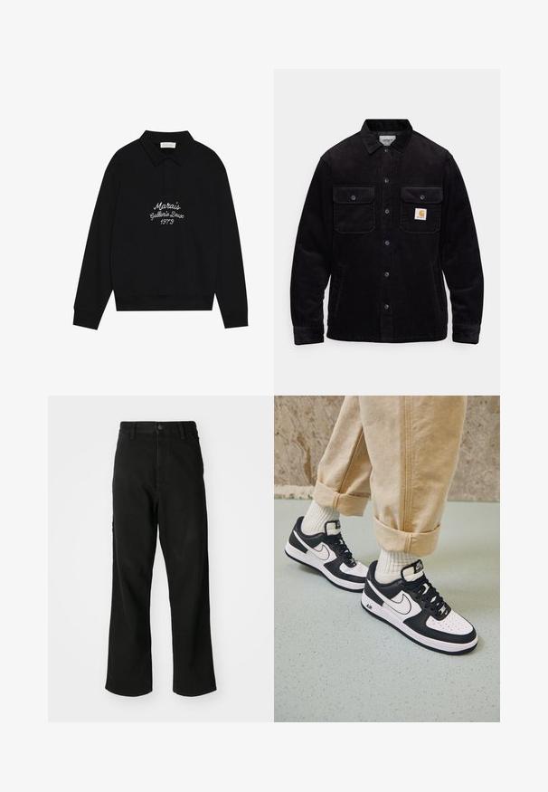 Svart cordfløyelsjakke med to brystlommer med klaffer, knappelukking og en logopatch på venstre lomme. Strukturert stoff.; Svart genser med polo-krage, med hvit broderi som leser "Marais Gallerie Deux 1973" over brystet.; Sorte straight-leg jeans med knaplukning, bæltestropper og forlommer på en ensfarvet hvid baggrund.; Sorte og hvite Nike Air Force 1-sneakers med skinnoverdel, perforert tå og teksturert såledetalj, brukt med oppbrettede beige bukser og hvite sokker.
