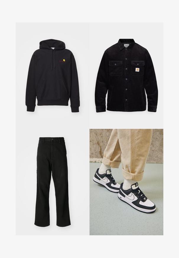 Sort kordfløjl jakke med to brystlommer med klapper, knaplukning og et logo-patch på venstre lomme. Tekstureret stof.; Sort hættetrøje i bomuldsblanding med en frontlomme, snøre i hætten og et rødt broderet logo med en gul bue.; Sort lige ben jeans med knaplukning, bæltestropper og forlommer på en ensfarvet hvid baggrund.; Sorte og hvide Nike Air Force 1 sneakers med læderoverdel, perforeret tå og tekstureret såldetalje, båret med rullede beige bukser og hvide sokker.