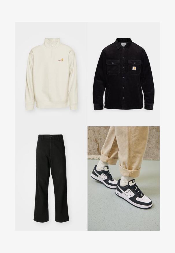 Black corduroy jacket featuring two chest pockets with flaps, a button closure, and a logo patch on the left pocket. Textured fabric.; Cream-colored pullover sweatshirt with a high collar, half-zip, and ribbed cuffs. Features a small orange and red logo on the chest.; Black straight-leg jeans with button closure, belt loops, and front pockets on a plain white background.; Black and white Nike Air Force 1 sneakers with a leather upper, perforated toe, and textured sole detail, worn with rolled beige pants and white socks.