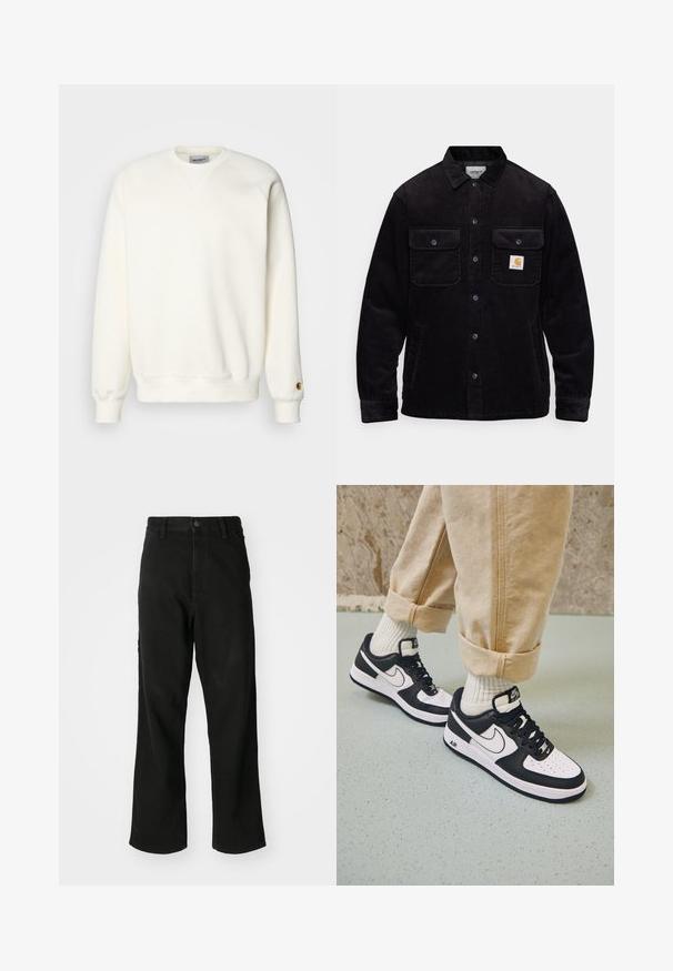 Zwarte corduroy jas met twee borstzakken met kleppen, een knoopsluiting en een opnamerichtlijn op de linkse zak. Gelaagde stof.; Carhartt WIP CHASE - Sweater - wax/gold; Zwarte rechte jeans met knoopsluiting, riemlussen en voorzakken op een effen witte achtergrond.; Zwart-witte Nike Air Force 1 sneakers met een leren bovenwerk, geperforeerde neus en gestructureerde zooldetails, gedragen met opgerolde beige broek en witte sokken.