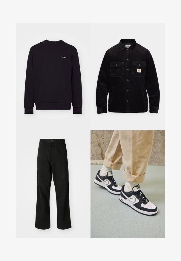Svart cordfløyelsjakke med to brystlommer med klaffer, knappelukking og en logopatch på venstre lomme. Strukturert stoff.; Svart hettegenser laget av mykt materiale med rund hals, lange ermer og ribbestrikkede mansjetter. Har en liten hvit logo på brystet.; Sorte straight-leg jeans med knaplukning, bæltestropper og forlommer på en ensfarvet hvid baggrund.; Sorte og hvite Nike Air Force 1-sneakers med skinnoverdel, perforert tå og teksturert såledetalj, brukt med oppbrettede beige bukser og hvite sokker.