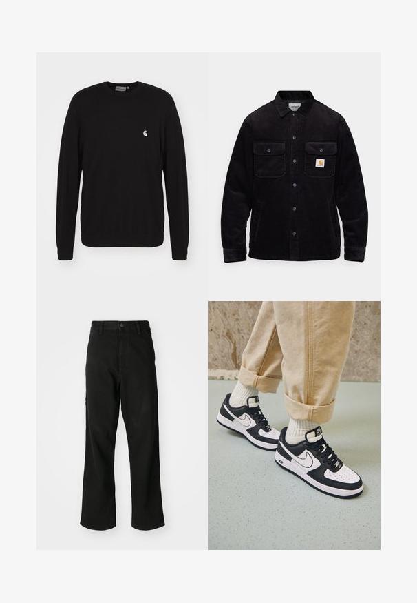 Chaqueta de pana negra con dos bolsillos en el pecho con solapas, cierre de botón y un parche con el logotipo en el bolsillo izquierdo. Tejido texturizado.; Carhartt WIP Sudadera - black; Vaqueros negros de pierna recta con cierre de botón, pasadores para cinturón y bolsillos frontales sobre un fondo blanco liso.; Zapatillas Nike Air Force 1 en blanco y negro con parte superior de cuero, puntera perforada y detalle de suela texturizada, combinadas con pantalones beiges remangados y calcetines blancos.