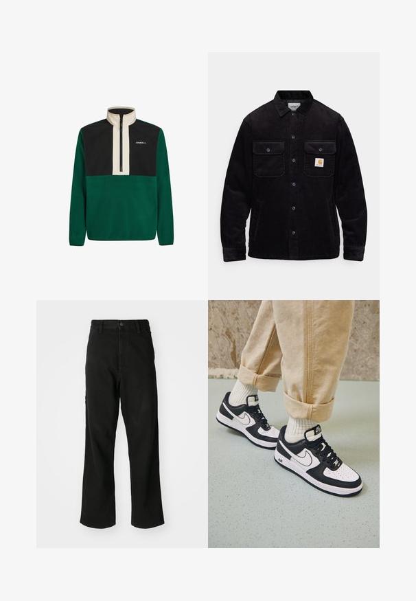 Zwarte corduroy jas met twee borstzakken met kleppen, een knoopsluiting en een opnamerichtlijn op de linkse zak. Gelaagde stof.; Groene en zwarte fleece trui met hoge kraag, half-rits aan de voorkant en logo. Kenmerkt zich door effen kleuren en een zachte textuur overal.; Zwarte rechte jeans met knoopsluiting, riemlussen en voorzakken op een effen witte achtergrond.; Zwart-witte Nike Air Force 1 sneakers met een leren bovenwerk, geperforeerde neus en gestructureerde zooldetails, gedragen met opgerolde beige broek en witte sokken.