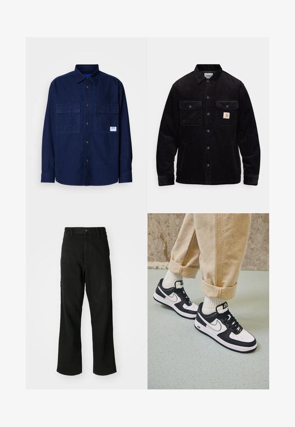 Chaqueta de pana negra con dos bolsillos en el pecho con solapas, cierre de botón y un parche con el logotipo en el bolsillo izquierdo. Tejido texturizado.; Camisa de botones de manga larga azul marino con dos bolsillos en el pecho y una pequeña etiqueta blanca en el bolsillo derecho.; Vaqueros negros de pierna recta con cierre de botón, pasadores para cinturón y bolsillos frontales sobre un fondo blanco liso.; Zapatillas Nike Air Force 1 en blanco y negro con parte superior de cuero, puntera perforada y detalle de suela texturizada, combinadas con pantalones beiges remangados y calcetines blancos.