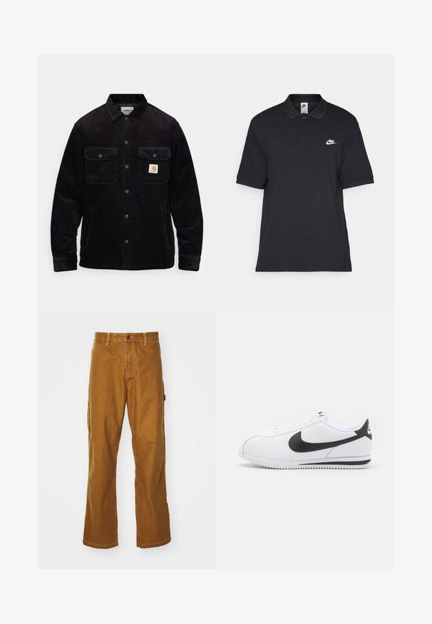 Chaqueta de pana negra con dos bolsillos en el pecho con solapas, cierre de botón y un parche con el logotipo en el bolsillo izquierdo. Tejido texturizado.; Polo negro confeccionado en algodón, con tapeta de dos botones, mangas cortas y un logotipo de Nike blanco en el lado izquierdo del pecho.; Pantalones cargo de algodón marrón con un diseño de pierna recta, cierre de botón en la parte frontal y bolsillos laterales. Textura suave y material duradero.; Zapatillas de cuero blanco con el swoosh negro de Nike, cordones planos y suela de goma texturizada. Punta redondeada y cuello acolchado para mayor comodidad.