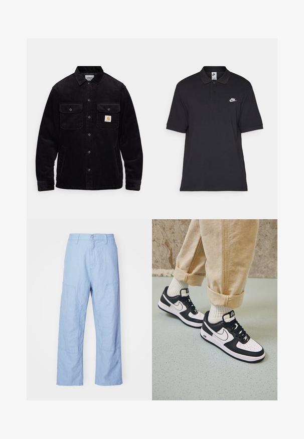 Sort kordfløjl jakke med to brystlommer med klapper, knaplukning og et logo-patch på venstre lomme. Tekstureret stof.; Sort polo-shirt lavet af bomuld, med en to-knaps placket, korte ærmer og et hvidt Nike-logo på venstre bryst.; Lyseblå linnedragter med en afslappet pasform, der har patchlommer og synlige stikninger. Stof har et blødt, struktureret udseende.; Sorte og hvide Nike Air Force 1 sneakers med læderoverdel, perforeret tå og tekstureret såldetalje, båret med rullede beige bukser og hvide sokker.