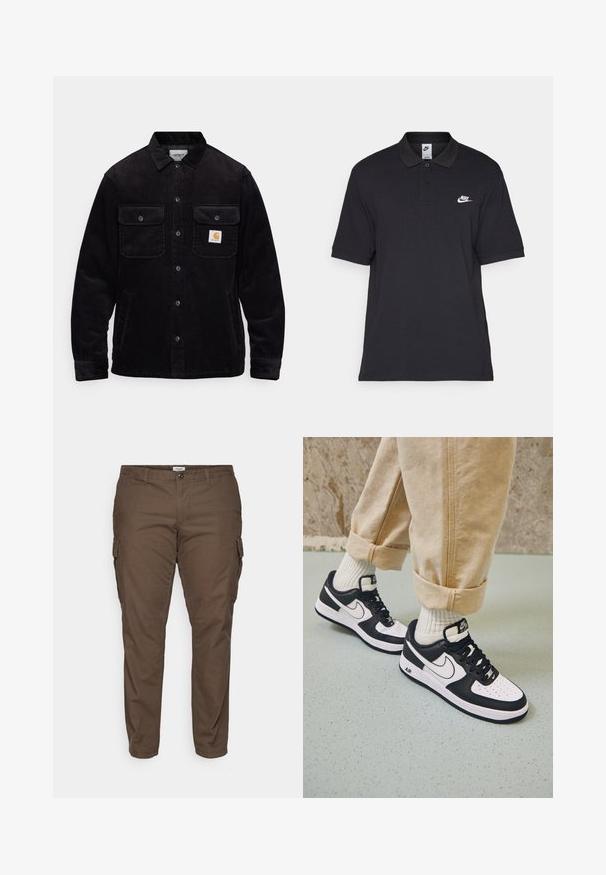 Black corduroy jacket featuring two chest pockets with flaps, a button closure, and a logo patch on the left pocket. Textured fabric.; Black polo shirt made of cotton, featuring a two-button placket, short sleeves, and a white Nike logo on the left chest.; Brown cargo pants with a straight fit, made of lightweight cotton. Features side pockets and belt loops. Smooth texture, no patterns.; Black and white Nike Air Force 1 sneakers with a leather upper, perforated toe, and textured sole detail, worn with rolled beige pants and white socks.