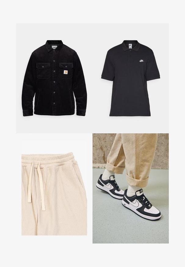 Black corduroy jacket featuring two chest pockets with flaps, a button closure, and a logo patch on the left pocket. Textured fabric.; Black polo shirt made of cotton, featuring a two-button placket, short sleeves, and a white Nike logo on the left chest.; Light beige ribbed sweatpants with an elastic waistband, adjustable drawstring, and side pockets. Soft texture and relaxed fit.; Black and white Nike Air Force 1 sneakers with a leather upper, perforated toe, and textured sole detail, worn with rolled beige pants and white socks.
