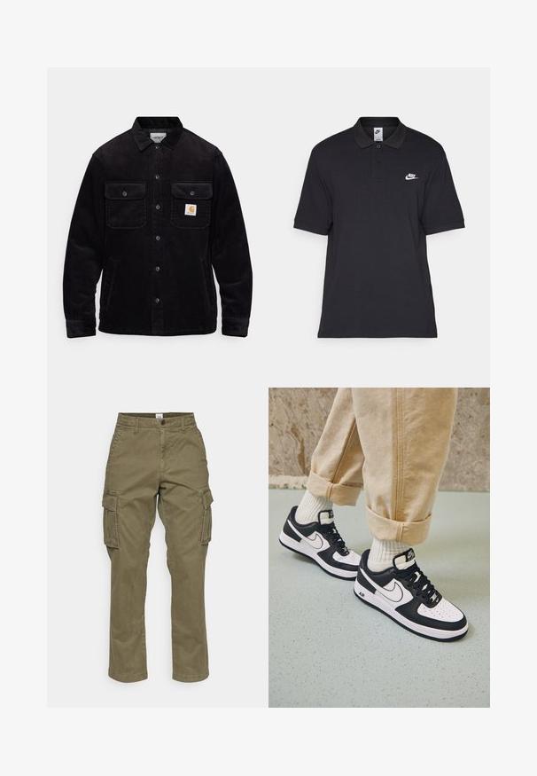 Svart kordjacka med två bröstfickor med lock, knappstängning och en logotypapplikation på vänster ficka. Texturerad tyg.; Svart polo t-shirt i bomull, med en tvåknapps ståndkrage, kortärmar och en vit Nike-logotyp på vänster bröst.; Olivgröna cargobyxor i bomull med rak bendesign, sidfickor och subtila sömmar. Texturen är slät, med ett hållbart tyg.; Svarta och vita Nike Air Force 1-sneakers med ovandel i läder, perforerat tåparti och texturerade sule detaljer, använda med rullade beige byxor och vita strumpor.