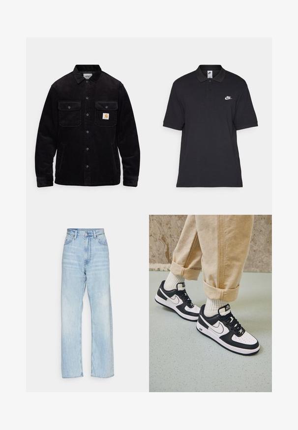 Casaco de veludo preto com dois bolsos no peito com abas, fecho de botão e um emblema no bolso esquerdo. Tecido texturizado.; Camisa polo preta em algodão, com uma pala de dois botões, mangas curtas e um logótipo branco da Nike no peito esquerdo.; Calças de ganga de cintura alta em azul claro com um design de perna larga, apresentando bolsos frontais e fecho por botão. Textura de ganga suave com desbotamento subtil.; Sapatilhas Nike Air Force 1 em preto e branco com um cabedal em pele, biqueira perfurada e detalhe de sola texturizada, usadas com calças beig com as bainhas roladas e meias brancas.