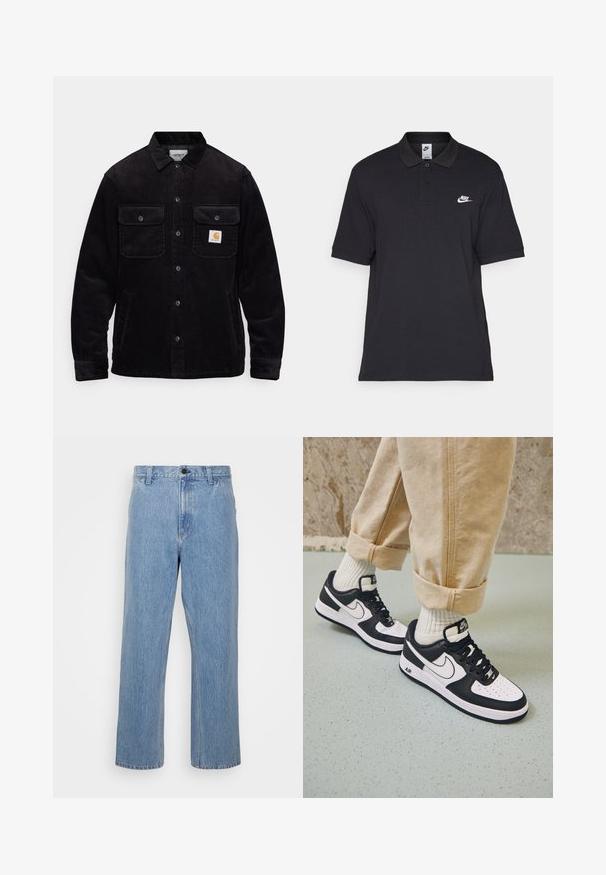 Mustat corduroy-takit, joissa on kaksi rintataskua läpillä, nappikiinnitys ja logopatch vasemmassa taskussa. Tekstuuroitu kangas.; Mustapaitainen puuvillapaita, jossa on kaksipainikeinen kaulus, lyhyet hihat ja valkoinen Nike-logo vasemmalla rinnalla.; Vaaleansiniset farkut suoran lahkeen leikkauksella, jossa on nappisuljenta ja vyölenkit. Kangas on hienovaraisesti haalistuneen näköinen.; Mustat ja valkoiset Nike Air Force 1 -tennarit, joissa on nahkavarsi, rei'itetty varvas ja teksturoitu pohja, käytetty vaaleanbeigejen käännettyjen housujen ja valkoisten sukkien kanssa.