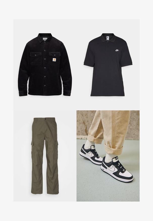 Sort kordfløjl jakke med to brystlommer med klapper, knaplukning og et logo-patch på venstre lomme. Tekstureret stof.; Sort polo-shirt lavet af bomuld, med en to-knaps placket, korte ærmer og et hvidt Nike-logo på venstre bryst.; Olivenfarvede cargo bukser med lige snit, lavet af tekstureret stof. Har store sidelommer og knaplukning.; Sorte og hvide Nike Air Force 1 sneakers med læderoverdel, perforeret tå og tekstureret såldetalje, båret med rullede beige bukser og hvide sokker.