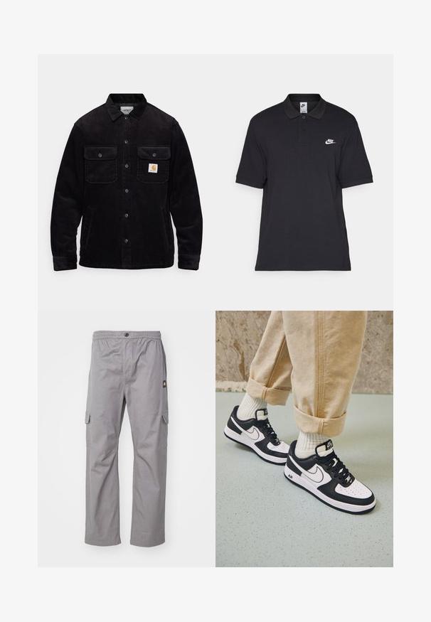 Casaco de veludo preto com dois bolsos no peito com abas, fecho de botão e um emblema no bolso esquerdo. Tecido texturizado.; Camisa polo preta em algodão, com uma pala de dois botões, mangas curtas e um logótipo branco da Nike no peito esquerdo.; Calças cargo cinzentas com cintura elástica, fecho de botão, dois bolsos laterais e uma pequena etiqueta do logótipo do lado esquerdo. Tecido macio e corte direito.; Sapatilhas Nike Air Force 1 em preto e branco com um cabedal em pele, biqueira perfurada e detalhe de sola texturizada, usadas com calças beig com as bainhas roladas e meias brancas.
