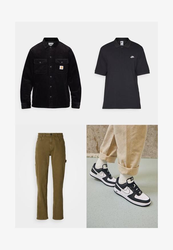 Zwarte corduroy jas met twee borstzakken met kleppen, een knoopsluiting en een opnamerichtlijn op de linkse zak. Gelaagde stof.; Zwart polo shirt van katoen, met een twee-knops knoopsluiting, korte mouwen en een wit Nike logo op de linkerborst.; Olijfgroene katoenen broek met een rechte pasvorm, voorzien van een sluiting met een knoop aan de voorkant en zijzakken. Eenvoudige textuur en een strak design.; Zwart-witte Nike Air Force 1 sneakers met een leren bovenwerk, geperforeerde neus en gestructureerde zooldetails, gedragen met opgerolde beige broek en witte sokken.