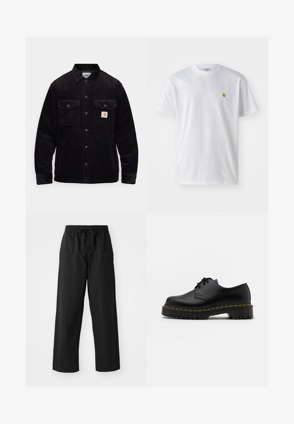 Zwarte corduroy jas met twee borstzakken met kleppen, een knoopsluiting en een opnamerichtlijn op de linkse zak. Gelaagde stof.; Witte katoenen t-shirt met korte mouwen en ronde hals, voorzien van een klein gouden logo op de linkerkant van de borst. Zachte textuur en een normale pasvorm.; Zwarte wijde broek gemaakt van zachte stof met een elastische tailleband en verstelbare koord, met een gladde textuur en zonder zichtbare patronen.; Zwarte leren veterschoen met een ronde neus, getextureerde rubberen zool en gele stiksels rond de basis. Plat ontwerp en een gladde afwerking.