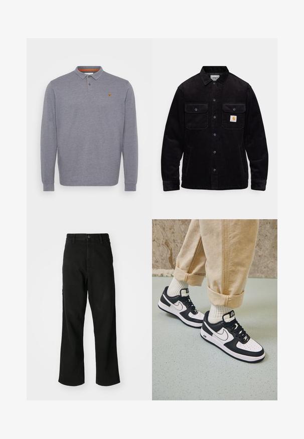 Juodas kordūrinis švarkas su dviem krūtinės kišenėmis su užsklandomis, mygtukų užsegimu ir logotipo etikete kairėje kišenėje. Tekstūruota medžiaga.; Pier One Ilgarankovis viršutinės dalies drabužis - dark grey; Juodos tiesaus kirpimo džinsai su mygtukų uždarymu, diržo kilpelėmis ir priekinėmis kišenėmis ant vienodos baltos fono.; Juodai balti Nike Air Force 1 kedai su oda viršumi, perforuota nosimi ir tekstūruota pado detale, dėvimi su suktomis smėlio spalvos kelnėmis ir baltais kojiniais.
