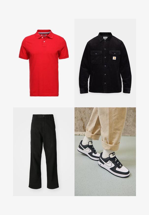 Giacca in corduroy nera con due tasche sul petto con pattina, chiusura a bottoni e toppa con logo sulla tasca sinistra. Tessuto strutturato.; Polo shirt in cotone rosso con colletto, dotato di due bottoni e una scollatura interna a righe. Maniche corte e design a vestibilità standard.; Jeans neri a gamba dritta con chiusura a bottoni, passanti per cintura e tasche frontali su uno sfondo bianco semplice.; Sneakers Nike Air Force 1 nero e bianco con tomaia in pelle, punta perforata e dettaglio della suola testurizzata, indossati con pantaloni beige arrotolati e calze bianche.