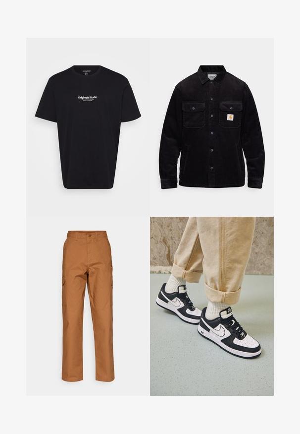 Sort kordfløjl jakke med to brystlommer med klapper, knaplukning og et logo-patch på venstre lomme. Tekstureret stof.; Sort bomulds T-shirt med korte ærmer, rund hals og hvid tekst "Originals Studio" trykt på forsiden. Glat tekstur, afslappet pasform.; Brune cargo bukser i en tekstureret bomuldsblanding med lige ben design, to sidelommer og en knaplukning i taljen.; Sorte og hvide Nike Air Force 1 sneakers med læderoverdel, perforeret tå og tekstureret såldetalje, båret med rullede beige bukser og hvide sokker.