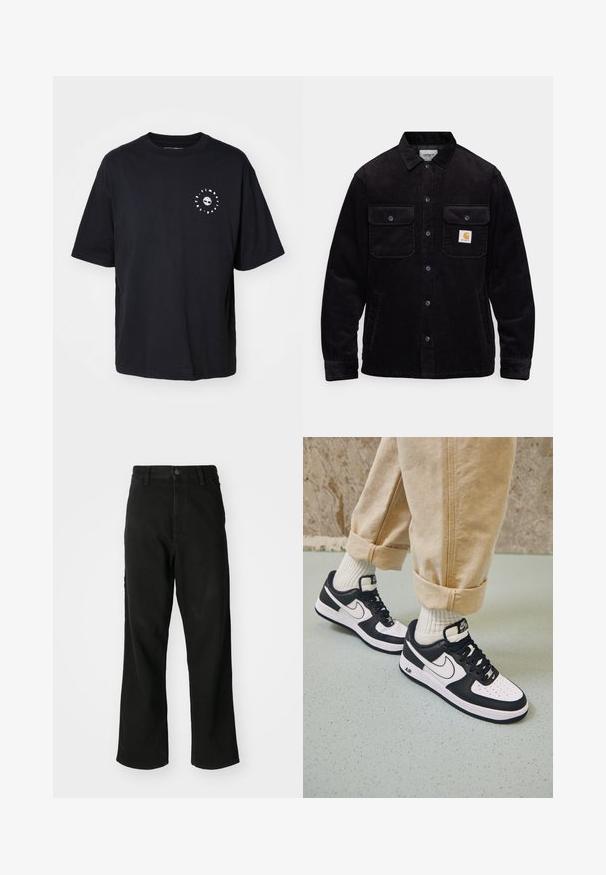 Černá kordová bunda se dvěma náprsními kapsami s klopami, knoflíkovým zapínáním a nášivkou na levé kapse. Texturovaná látka.; Černé bavlněné tričko s krátkými rukávy, kulatým výstřihem a malým bílým kruhovým logem na levé hrudi. Měkká textura, uvolněný střih.; Černé rovné džínsy s knoflíkovým zapínáním, poutky na opasek a předními kapsami na bílém pozadí.; Černobílé tenisky Nike Air Force 1 s koženým svrškem, perforovanou špicí a texturovanou podrážkou, nošené s ohrnutými béžovými kalhotami a bílými ponožkami.