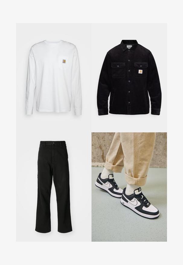 Svart kordjacka med två bröstfickor med lock, knappstängning och en logotypapplikation på vänster ficka. Texturerad tyg.; Vit långärmad skjorta i bomull, med en bröstficka som har en fyrkantig logopatch. Enkelt design med rundad halsringning och manschetter.; Svarta raka jeans med knappstängning, bälteshällor och framfickor på en enfärgad vit bakgrund.; Svarta och vita Nike Air Force 1-sneakers med ovandel i läder, perforerat tåparti och texturerade sule detaljer, använda med rullade beige byxor och vita strumpor.