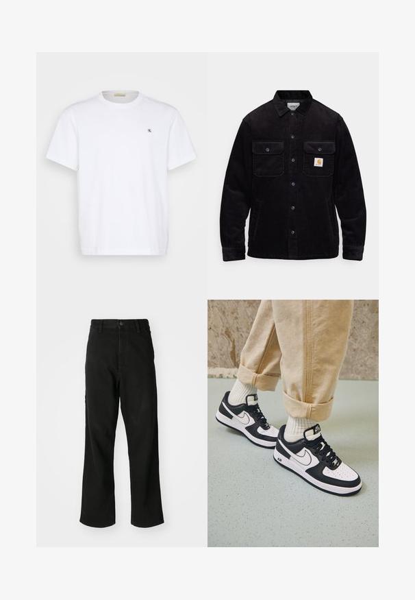Juodas kordūrinis švarkas su dviem krūtinės kišenėmis su užsklandomis, mygtukų užsegimu ir logotipo etikete kairėje kišenėje. Tekstūruota medžiaga.; Calvin Klein Jeans Plus PLUS EMBRO BADGE TEE - Paprasti marškinėliai - bright white; Juodos tiesaus kirpimo džinsai su mygtukų uždarymu, diržo kilpelėmis ir priekinėmis kišenėmis ant vienodos baltos fono.; Juodai balti Nike Air Force 1 kedai su oda viršumi, perforuota nosimi ir tekstūruota pado detale, dėvimi su suktomis smėlio spalvos kelnėmis ir baltais kojiniais.