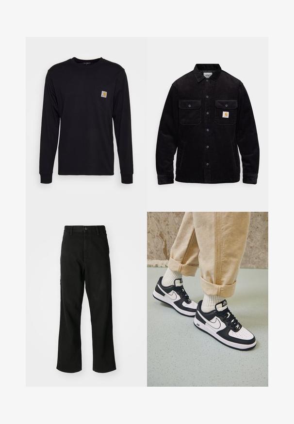 Crna kordura jakna s dva džepa na prsima s preklopima, dugmetom za zatvaranje i logotip krpom na lijevom džepu. Teksturirani materijal.; Crna majica dugih rukava od pamuka. Ima džep na prsima s kvadratnom sivoj oznaci i narančastim logotipom. Jednostavan, jednobojan dizajn.; Crne traperice ravnog kroja s kopčanjem na gumbe, petljama za pojas i prednjim džepovima na jednostavnoj bijeloj pozadini.; Crno-bijeli Nike Air Force 1 tenisice s kožnim gornjištem, perforiranim prstima i teksturiranim đonom, nosene s obrnulim bež hlačama i bijelim čarapama.