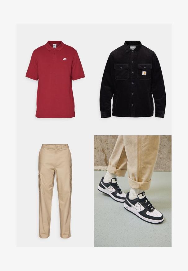 Casaco de veludo preto com dois bolsos no peito com abas, fecho de botão e um emblema no bolso esquerdo. Tecido texturizado.; Camisa pólo bordô feita de algodão, com gola e três botões, apresentando o logótipo branco da Nike no lado esquerdo do peito.; Calças cargo bege com acabamento texturizado, apresentando bolsos laterais, fecho com botão e um design de perna reta.; Sapatilhas Nike Air Force 1 em preto e branco com um cabedal em pele, biqueira perfurada e detalhe de sola texturizada, usadas com calças beig com as bainhas roladas e meias brancas.