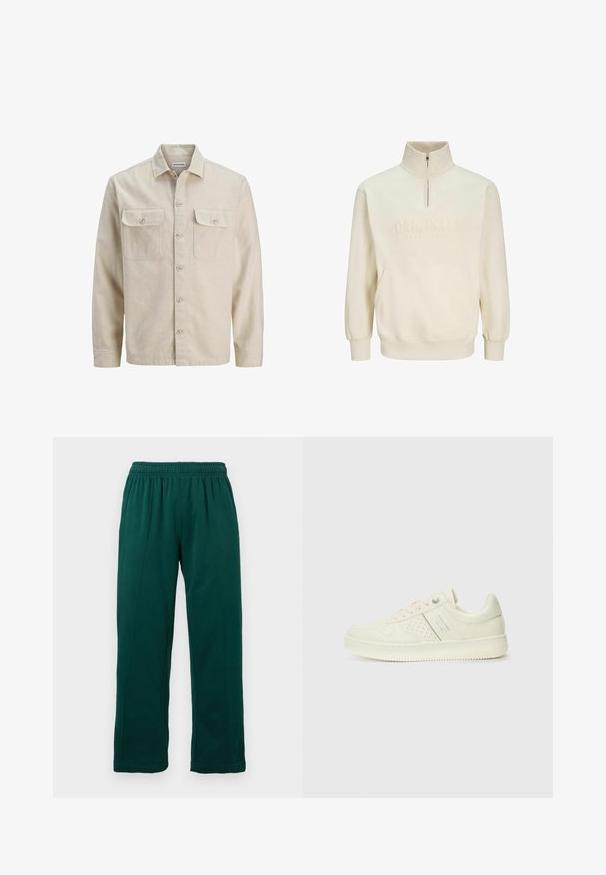 Beige button-up shirt in soft fabric, featuring two chest pockets, long sleeves, and a straight hem. Plain texture with no patterns.; Cream-colored quarter-zip pullover sweatshirt with a front pocket. Features embossed lettering "ORIGINALS" on the chest and ribbed cuffs.; Dark green fleece pants with elastic waistband, straight legs, and visible seam details along the front, shown against a white background.; Cream-colored sneaker with perforated detailing, laces, and logo on the side, displayed against a plain white background.