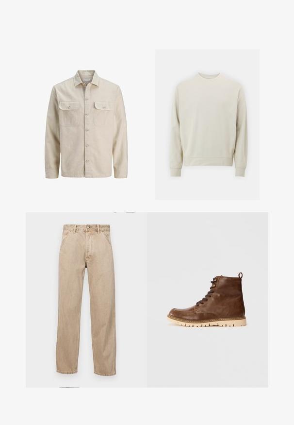 Béžová košeľa na gombíky z mäkkého materiálu, s dvoma vreckami na hrudi, dlhými rukávmi a rovný lem. Hladká textúra bez vzorov.; Svetlo béžová mikina vyrobená z mäkkej tkaniny s okrúhlym výstrihom, dlhými rukávmi a pruhovanými manžetami a lemom. Minimalistický dizajn, bez viditeľných vzorov.; Bežové denimové rifle so strihom rovného nohu, s prednými vreckami, kovovým zapínaním na gombík a jemnou textúrou.; Hnedé kožené členkové topánky s textúrovaným povrchom, so zaoblenými hnedými šnúrkami, pútkom a svetlou gumovou podrážkou s drážkami.