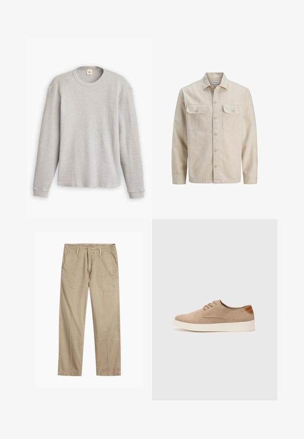 Beige overhemd met knopen in zachte stof, met twee borstzakken, lange mouwen en een rechte zoom. Effen textuur zonder patronen.; Grijze lange mouwen trui van gebreid materiaal met een geribbeld patroon, ronde halslijn en rechte zoom. De manchetten zijn aansluitend en gemaakt van zachte stof.; Beige rechte pijpen chinos met riemlussen, voorkant met knoop en rits sluiting, en schuine voorzakken.; Beige suède sneakers met een ronde neus, vetersluiting aan de voorkant en een getextureerde achteraccent. De witte rubberen zool zorgt voor contrast. Eenvoudig en modern ontwerp.