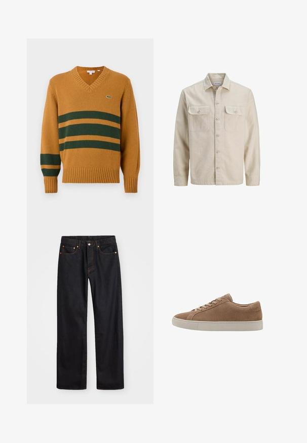 Beige overhemd met knopen in zachte stof, met twee borstzakken, lange mouwen en een rechte zoom. Effen textuur zonder patronen.; Mosterdgele V-hals trui met donkergroene horizontale lijnen over de borst en op de linkermouw, voorzien van een klein krokodillenlogo op de borst.; Heren straight-leg zwarte denim jeans met vijf zakken en oranje stiksels, knoop- en ritssluiting op de voorkant van de tailleband.; Bruine suède low-top sneaker met beige rubberen zool en bijpassende bruine veters, afgebeeld in profiel tegen een witte achtergrond.