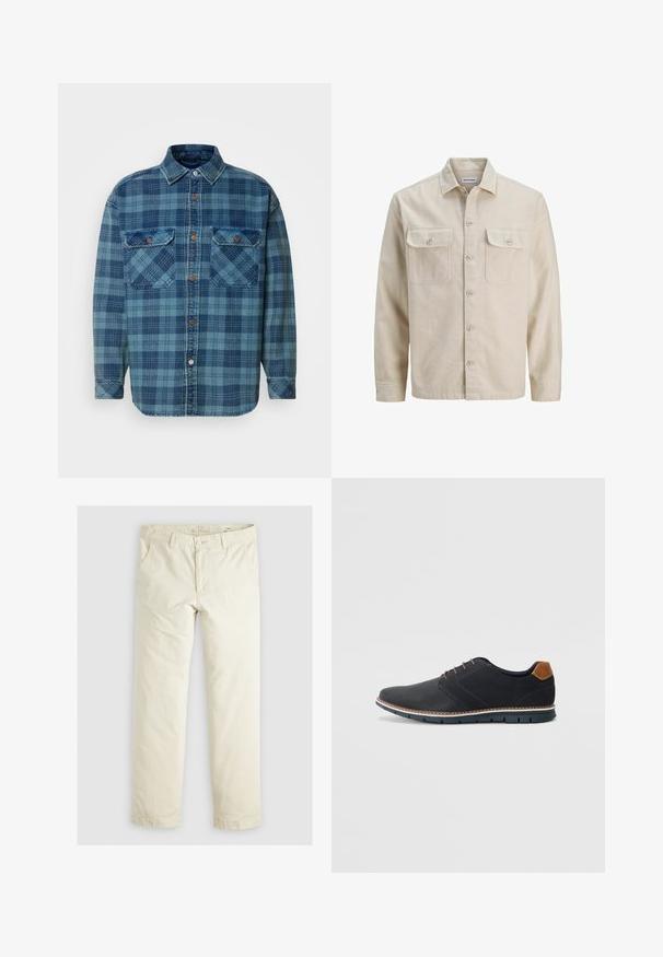 Bež srajca s gumbi v mehkem materialu, ki ima dva žepa na prsih, dolge rokave in ravno spodnje robove. Enostavna tekstura brez vzorcev.; Modra flanelasta srajca s črtastim vzorcem v različnih odtenkih modre, z gumbi spredaj, ovratnikom in dvema žepoma na prsih.; Svetlo bež hlače širokega kroja s tremi žepi, zankami za pas in ravnim krojem. Narejene so iz mešanice mehkega bombaža.; Črne sintetične čevlje z teksturirano zgornjščino, gladkimi akcenti, rjavim petnim delom in kontrastnim podplatom. Imajo minimalno vezanje in detajle šivanja.