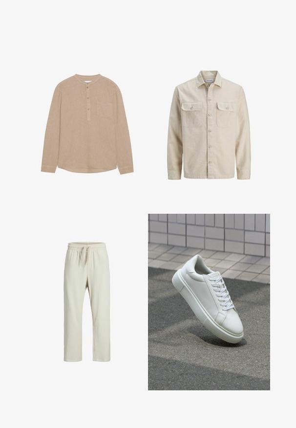 Chemise beige à boutons en tissu doux, dotée de deux poches poitrine, de manches longues et d'un ourlet droit. Texture unie sans motifs.; Chemise beige à manches longues avec un col henley, patte de boutonnage, poche poitrine gauche, texture douce et ourlet arrondi.; Pantalons côtelés de couleur crème avec une taille élastique et un cordon de serrage, présentant une coupe décontractée et une jambe droite.; Baskets en cuir blanc avec une surface lisse, bout rond et lacets plats blancs. Présentent une semelle en caoutchouc texturée et des éléments de design minimalistes.