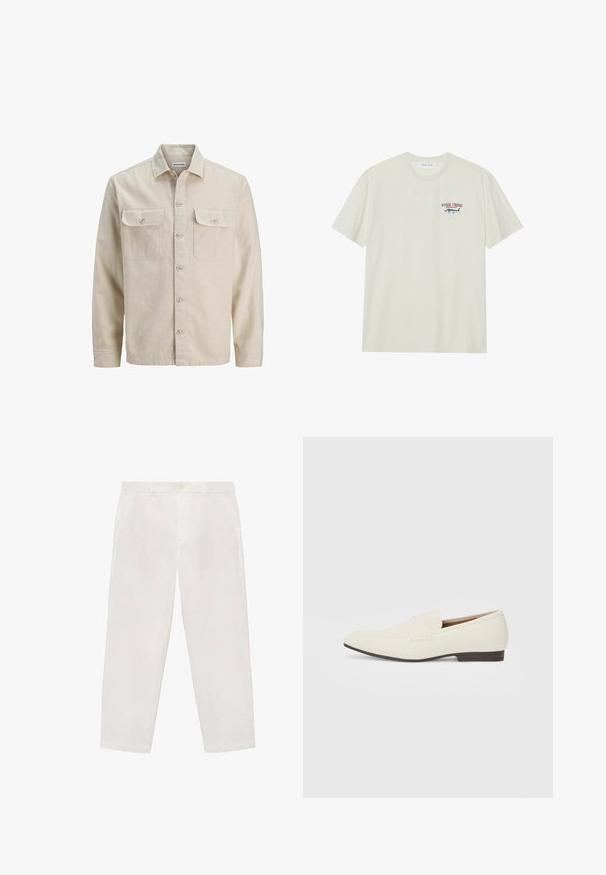 Beige overhemd met knopen in zachte stof, met twee borstzakken, lange mouwen en een rechte zoom. Effen textuur zonder patronen.; Licht crèmekleurig katoenen T-shirt met korte mouwen. Bevat een kleine blauw-rode afbeelding van een marlijn en de tekst "MARLIN TROPHY".; Witte katoenen broek met een rechte snit, voorzien van een knoopsluiting, riemlussen en zijzakken. Vloeiende textuur en minimalistisch ontwerp.; Lichtbeige loafers met een spitse neus, glad materiaal, een band over de wreef en een lage bruine zool. Eenvoudig ontwerp met minimale accenten.